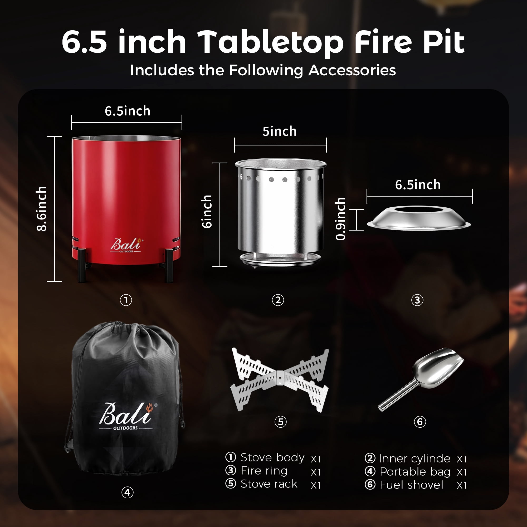BALI OUTDOORS Smokeless Fire Pit Round, 8.6'' * 6.5'' Portable Outdoor Tabletop Firepit, Red