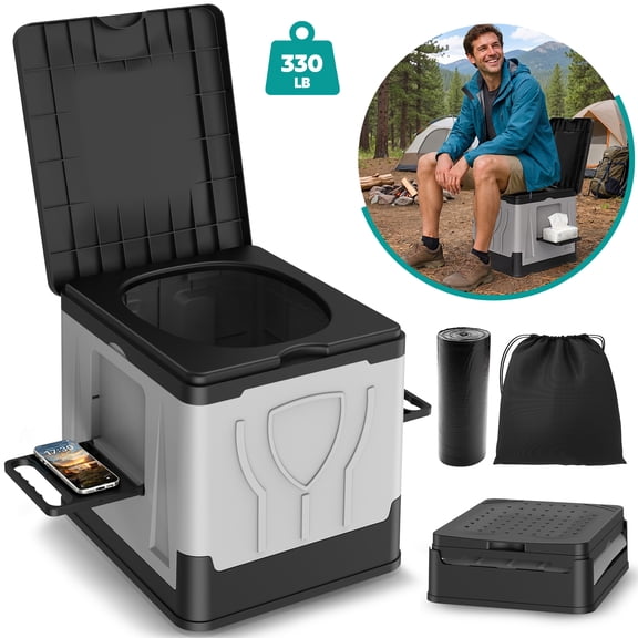 NOCOEX Portable Camping Toilet, 330Lbs Foldable Porta Potty with Dual Side Shelves, Travel Toilet for Camping, RV, Hiking, Trucks & Emergency Use