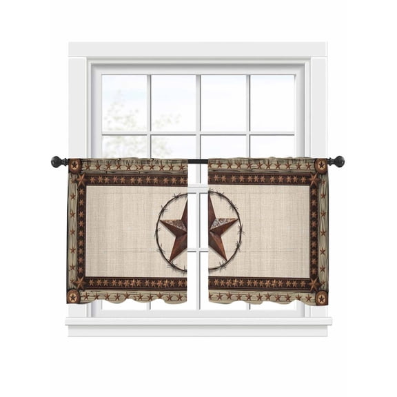 Sheer Curtains 45 inches Long 2 Panels Set Country Star Farmhouse Texas Star Vintage Wood Grain Tiers Sheers Rod Pocket Small Window Short Curtains for Kitchen Cafe, Each 52" W x 45" L