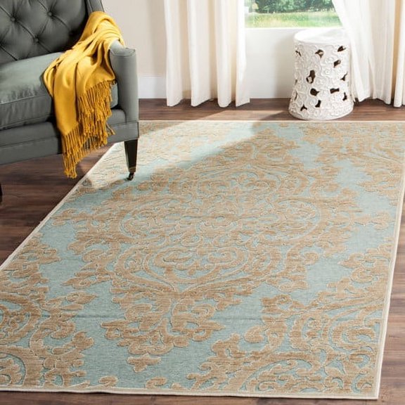 SAFAVIEH Paradise Edna Damask Area Rug, Stone/Aqua, 5'3" x 7'6"