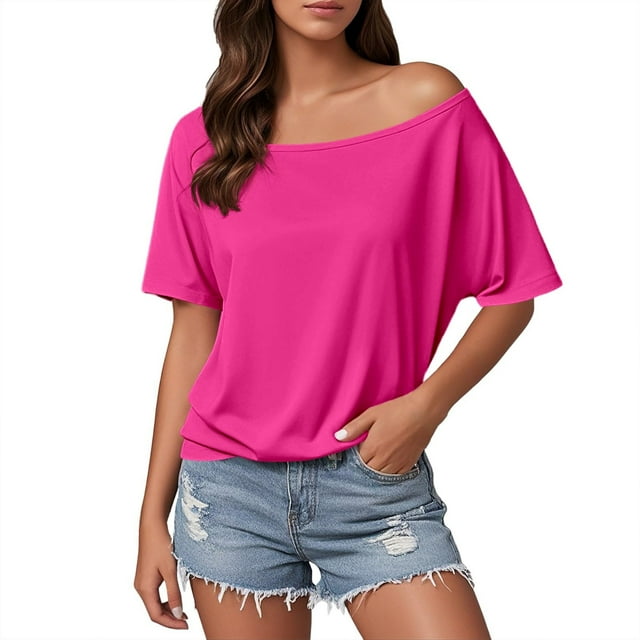 Trendy Women's Off-Shoulder Solid Color T-Shirt - Casual Everyday Wear, Comfortable for Spring/Summer