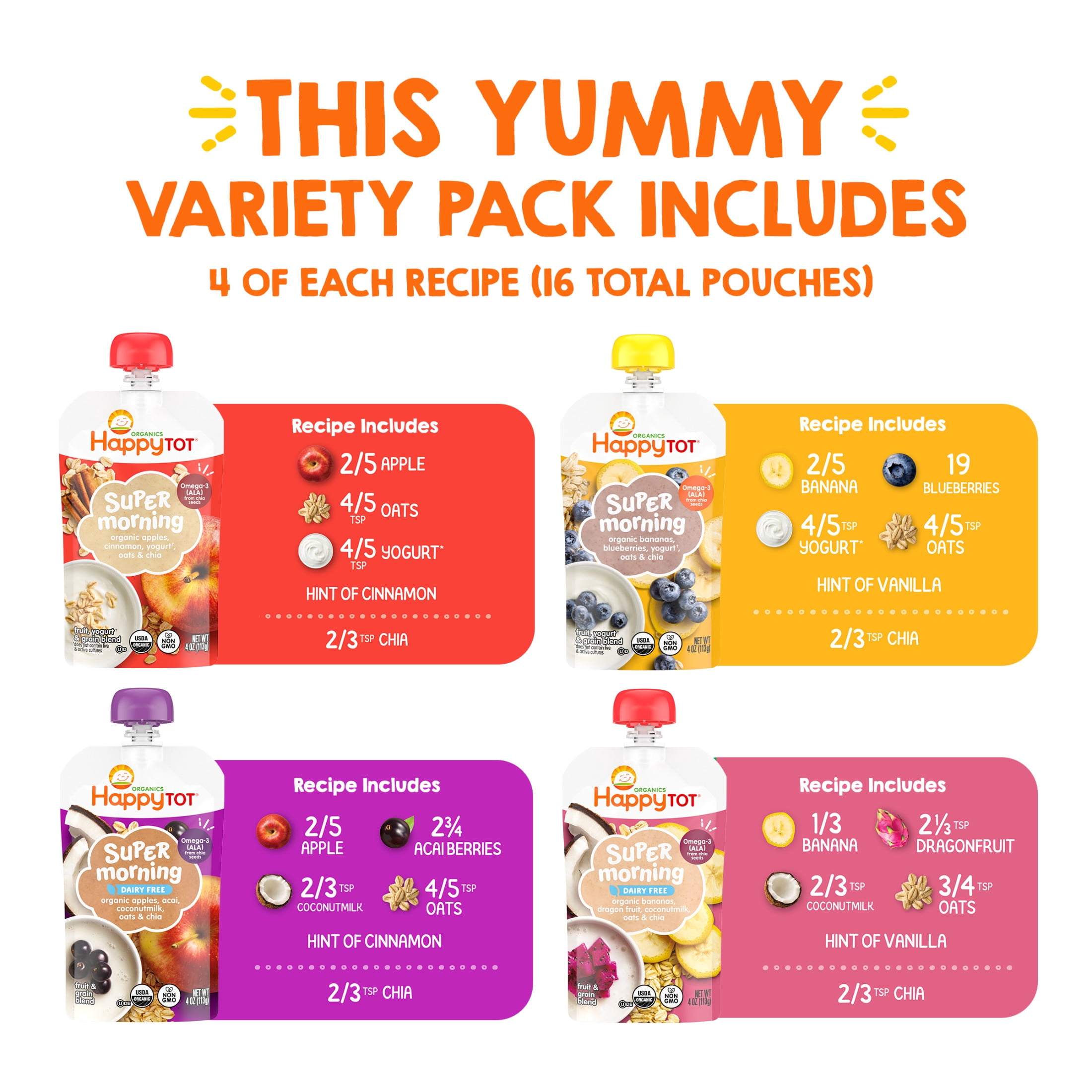 Happy Tot Organics Super Morning & Super Food Stage 4 Variety, 4oz Pouch,16 pack: