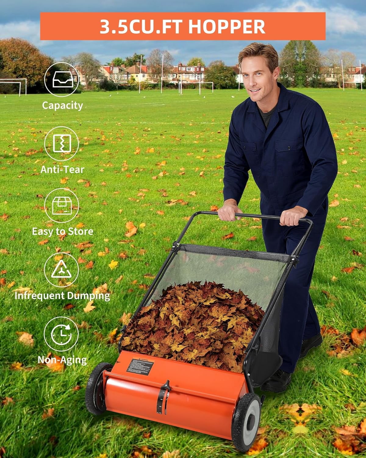 Orange 21-Inch Push Lawn Sweeper, 3.5 Cu. Ft. Hopper Capacity Leaf & Grass Collector with 4 Spinning Brushes, Adjustable Height, for Grass Clippings, Leaves & Debris