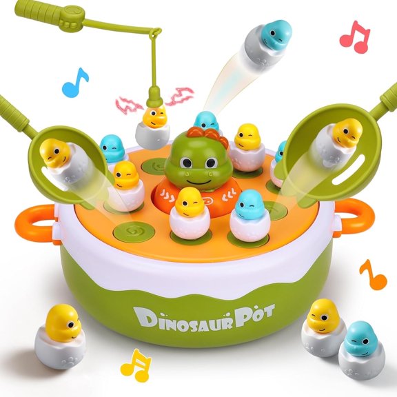 Board Games for Kids, 4 IN 1 Bounce and Catch Dinosaur Toys, Fishing Game, Rotating Music Turntable, Car Race, Tic-Tac-Toe, Family Party Board Games Set, Birthday Gift for 3 Kids Boy Girl
