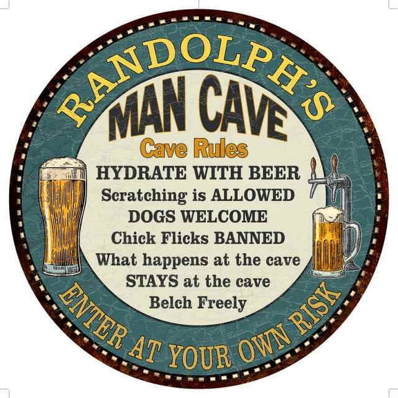 RANDOLPH'S Man Cave Rules 14" Round Metal Sign Garage Wall Decor 100140009478