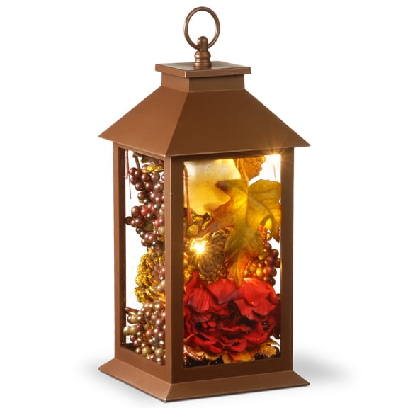 National Tree Company Harvest Lantern with LED Lights, Filled with Pumpkins, Leaves, Flowers, Berry Clusters, 12 inches