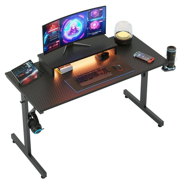 Bestier 42 Gaming Desk with LED Lights Computer Desk with Monitor Stand in Black Carbon Fiber Adults