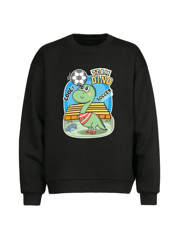 Cute Dinosoccer Player Design Unisex Long-Sleeve T-Shirts Men's Black Base Layer, Fall & Loose Fit Round Neck Sweatshirt,Sizes S-2XL