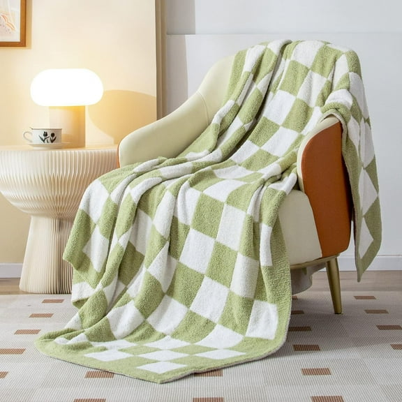 Soft Throw Blanket Checkerboard Lightweight Reversible Plaid Fuzzy Cozy Microfiber Knit Checkered Blanket for Couch Bed Decor Gift(Sage Green, 51×63in)