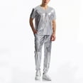 thumbnail image 6 of RYDCOT Men's Metallic Glossy V Neck Short Sleeve T Shirt and Pants 2 Piece Set Jacket Men Straight Leg Trousers Costume for Men Disco Cosplay Party Silver, 6 of 7