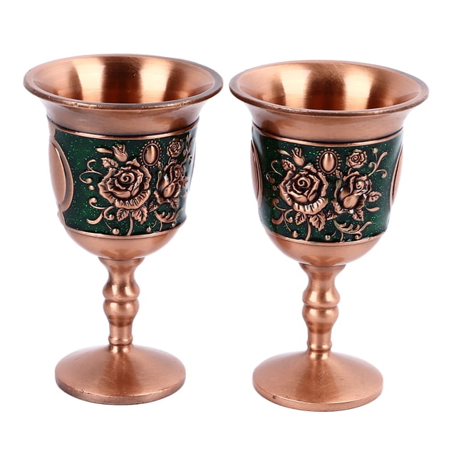 Copas de vino de metal vintage con relieve, decorativas, retro, para bar en casa, 2 unidades, oro rosa (fondo verde)