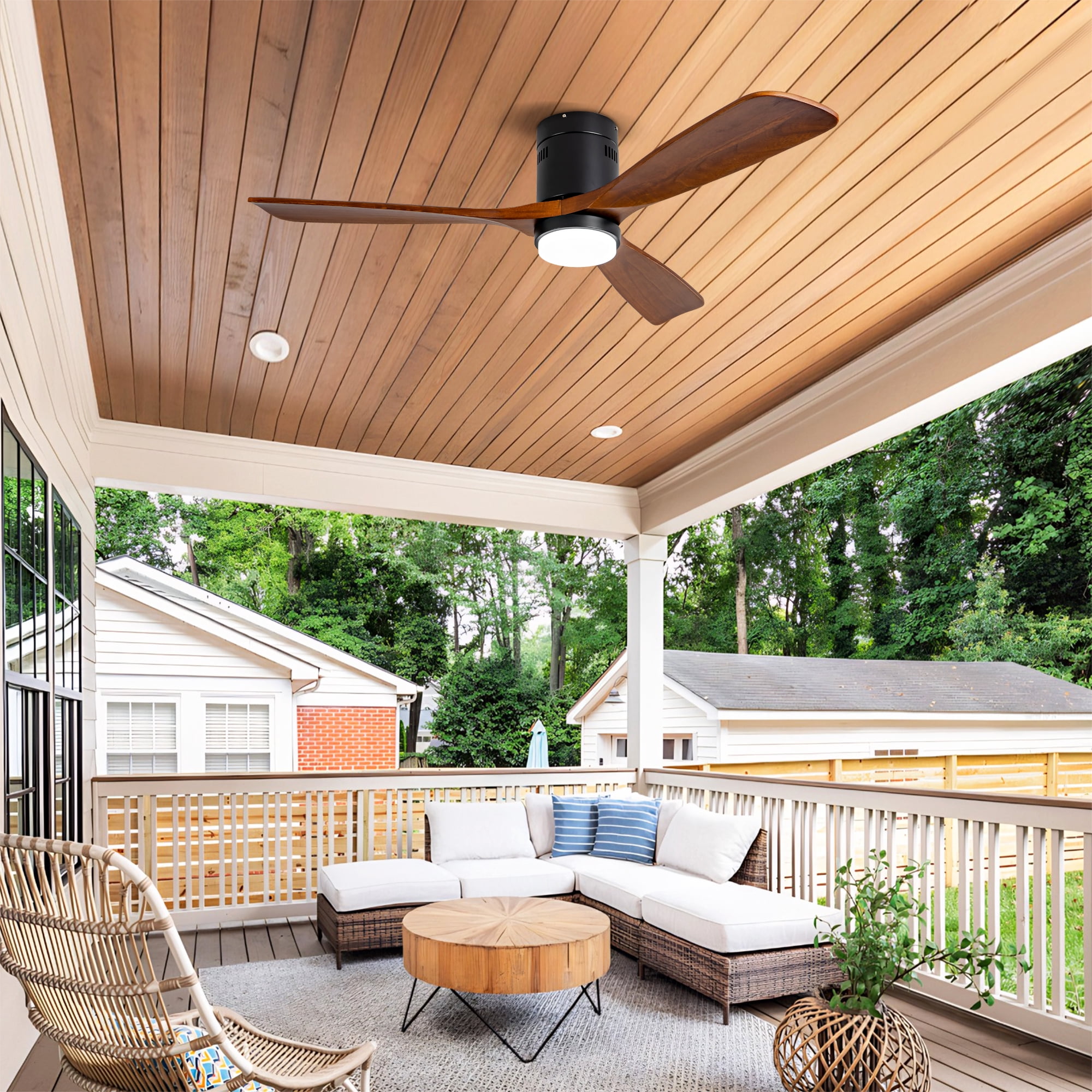 Ceiling Fan with Lights, 52 Inch Flush Mount Remote Control Wood Blades Ceiling Fan for Bedroom Farmhouse Indoor, Black