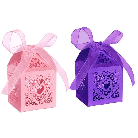 Christmas Party Hostess Gifts 50pcs Party Wedding Favor Candy Box With Ribbon Laser Cut Love Heart Chocolate Gift Boxes Bonbonniere for Birthday Bridal Shower Valentine’s Day Christmas Decoration ()