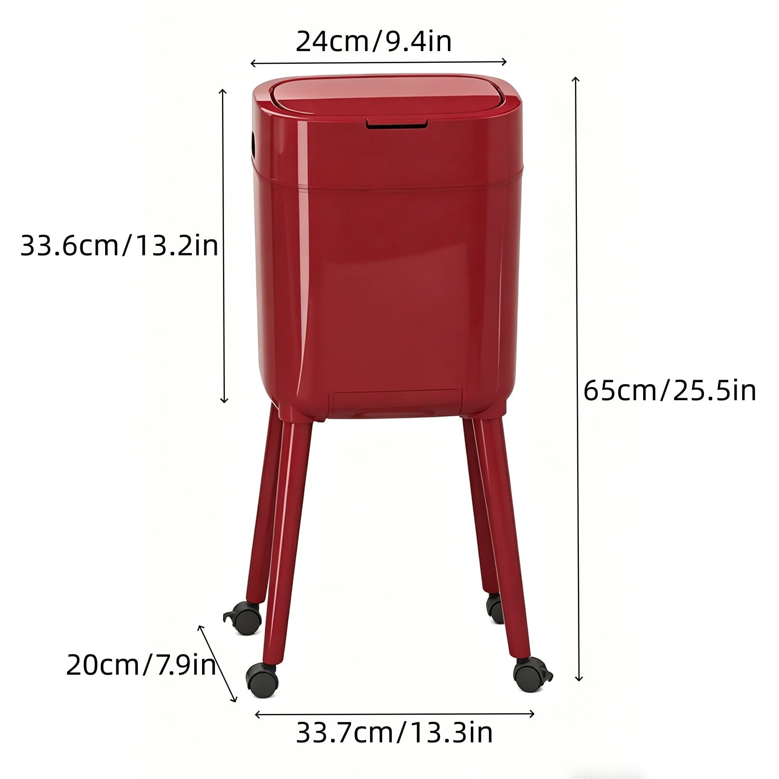 Bomd Modern High-Legged Trash Can with Wheels, Modern Narrow Garbage Can with Raised Legs, Space-Saving Rolling Dog-Proof Trash Bin for Bathroom, Kitchen, Bedroom, Office ，Red