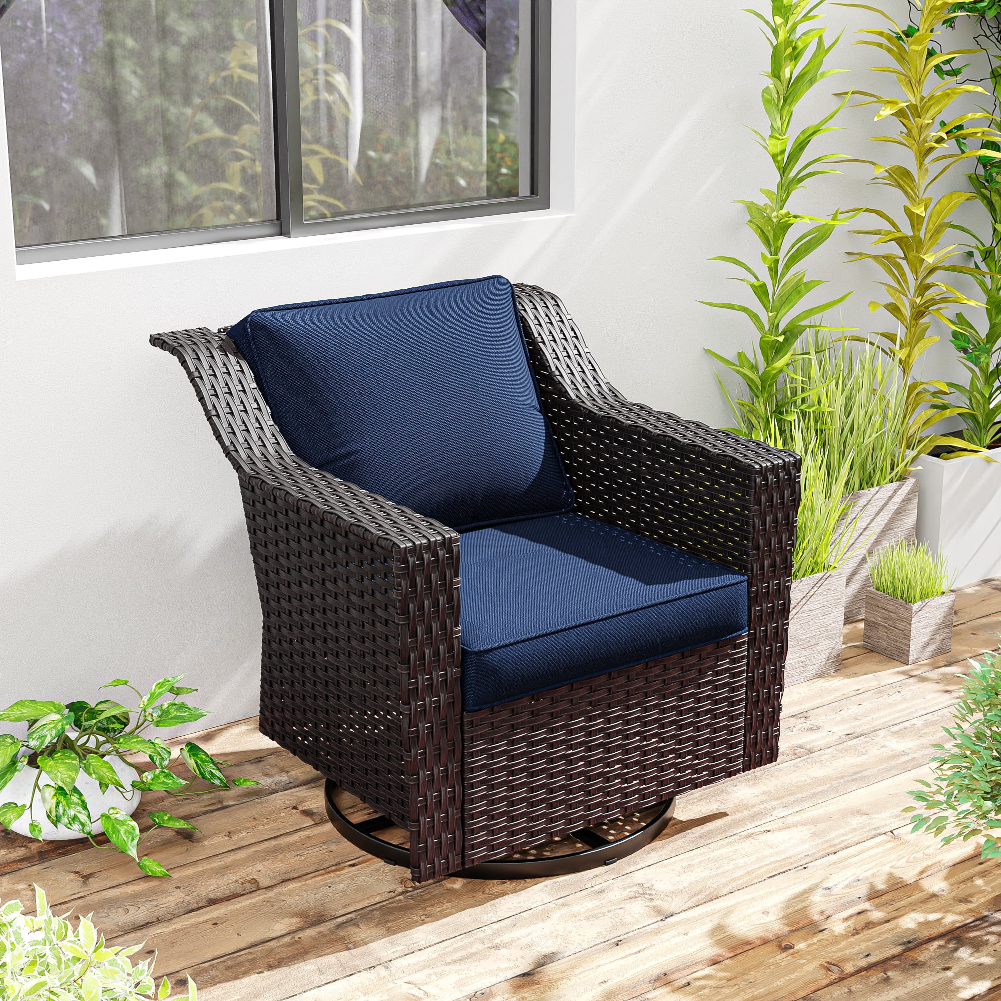 Meetleisure Patio Swivel Wicker Chair, Outdoor Rattan Rocking Chairs with Thickened Cushions for Backyard Porch Deck, Metal Rocking Frame
