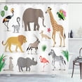 thumbnail image 1 of Animals Shower Curtain, Zoo Creatures Illustration Giraffe Elephant Flamingo Zebra Lion, Fabric Bathroom Set with Hooks, 69W X 75L Inches Long, Pale Caramel Lime Green Coral, by Ambesonne, 1 of 3
