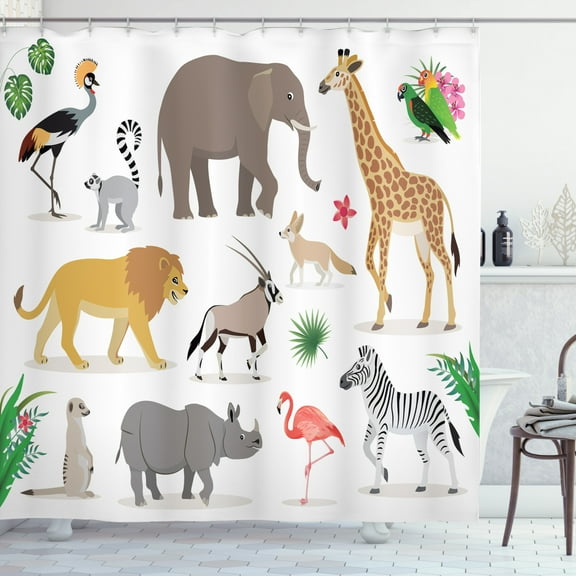 Animals Shower Curtain, Zoo Creatures Illustration Giraffe Elephant Flamingo Zebra Lion, Fabric Bathroom Set with Hooks, 69W X 75L Inches Long, Pale Caramel Lime Green Coral, by Ambesonne