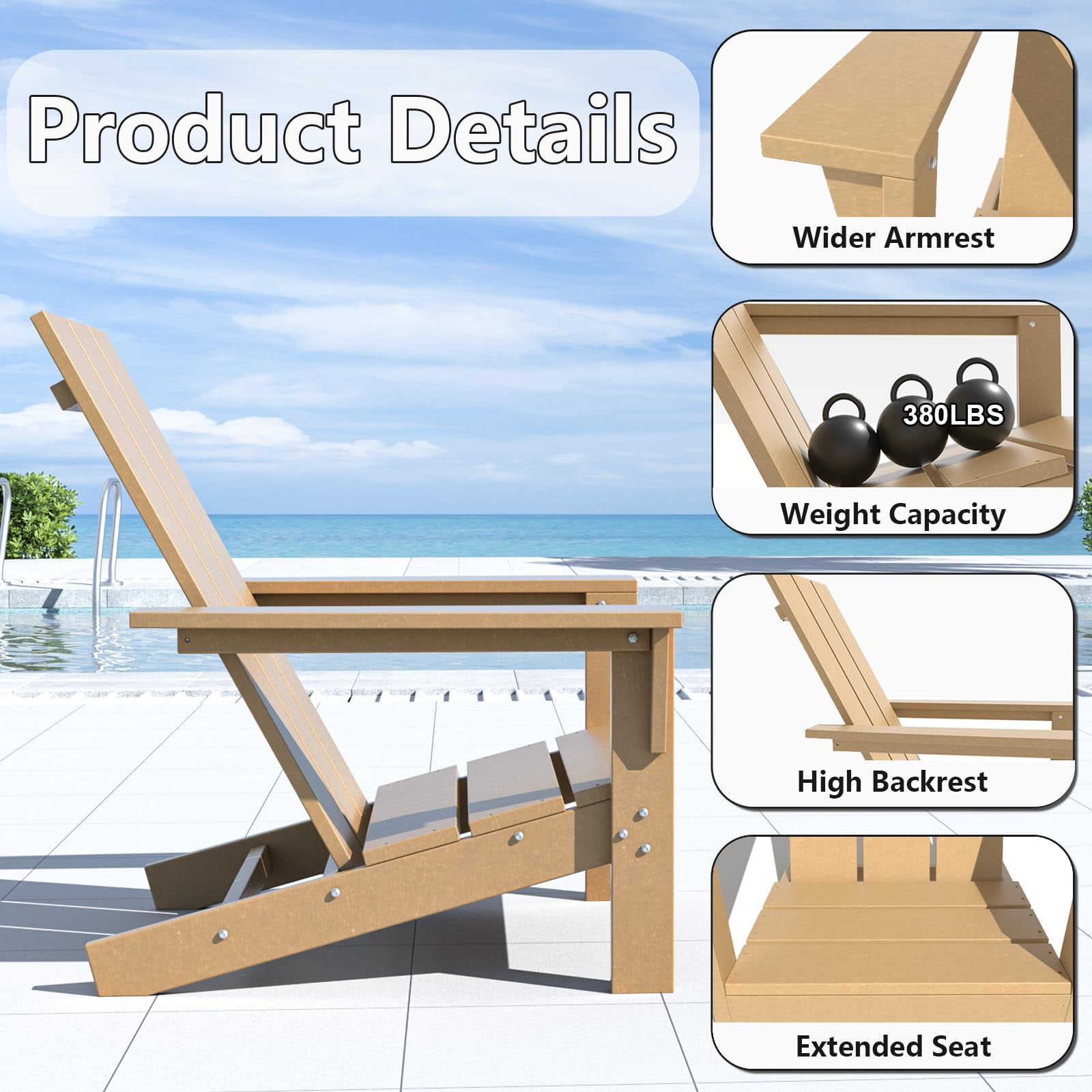 Kullavik Adirondack Chair 3 Piece Set With Table, Heavy All-Weather HDPE.Outdoor Lounge Chair for Patio Deck Garden, Backyard Deck& Lawn Furniture - Looks Exactly Like Real Wood-Sand