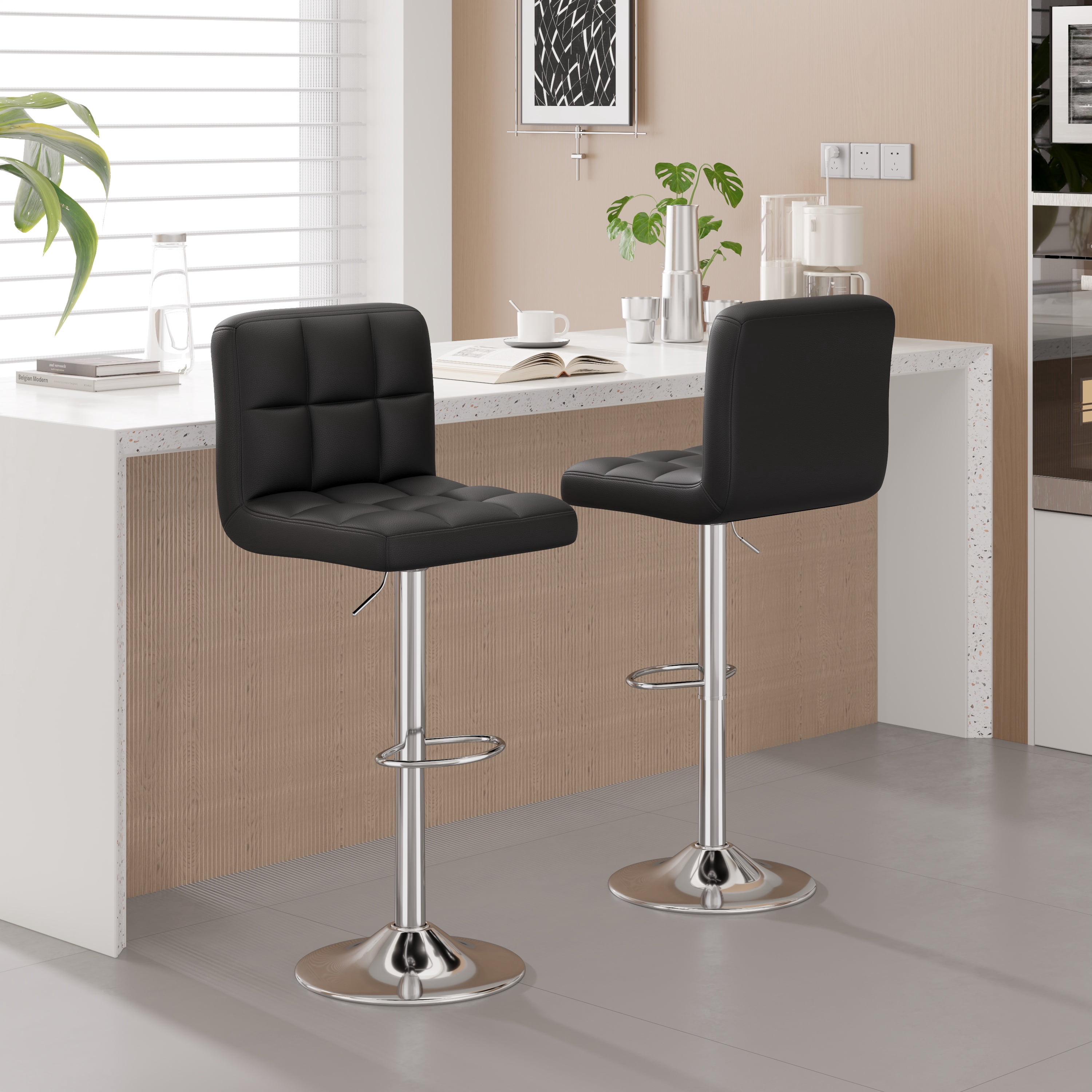 Hawsaiy Modern Adjustable Swivel Bar Stools Set of 2, PU Leather Bar Chairs with Footrest, Black