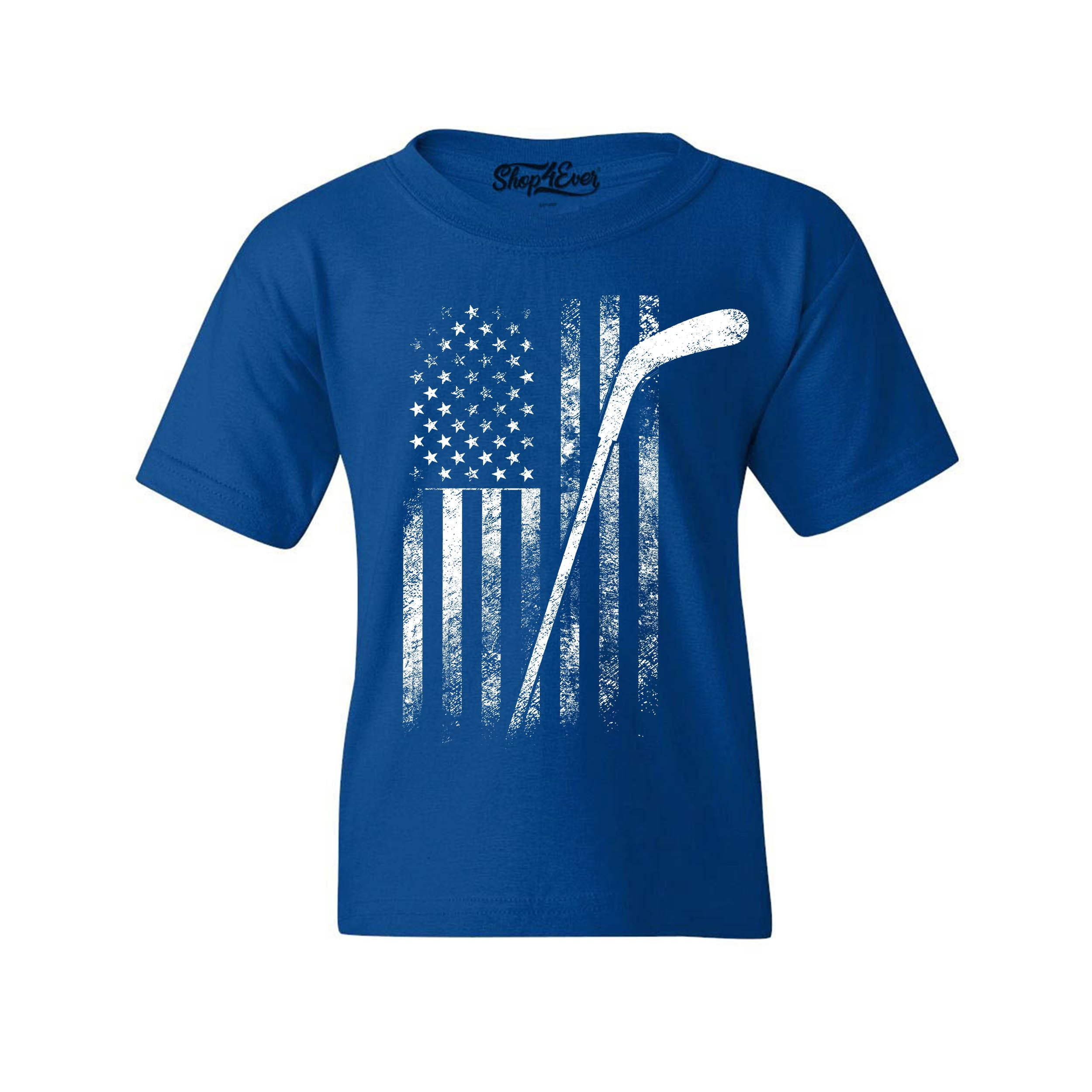 Shop4Ever Kids Distressed Hockey American Flag Patriotic Sports Graphic