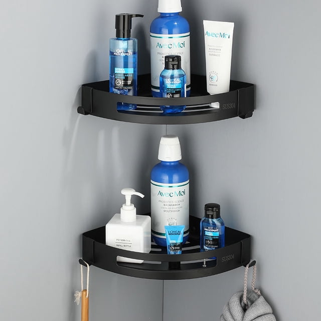 Paquete de 2 estantes de ducha de acero inoxidable con ganchos para perforar, organizador de ducha para colgar, gran capacidad, resistente al óxido, para baño, cocina, color negro
