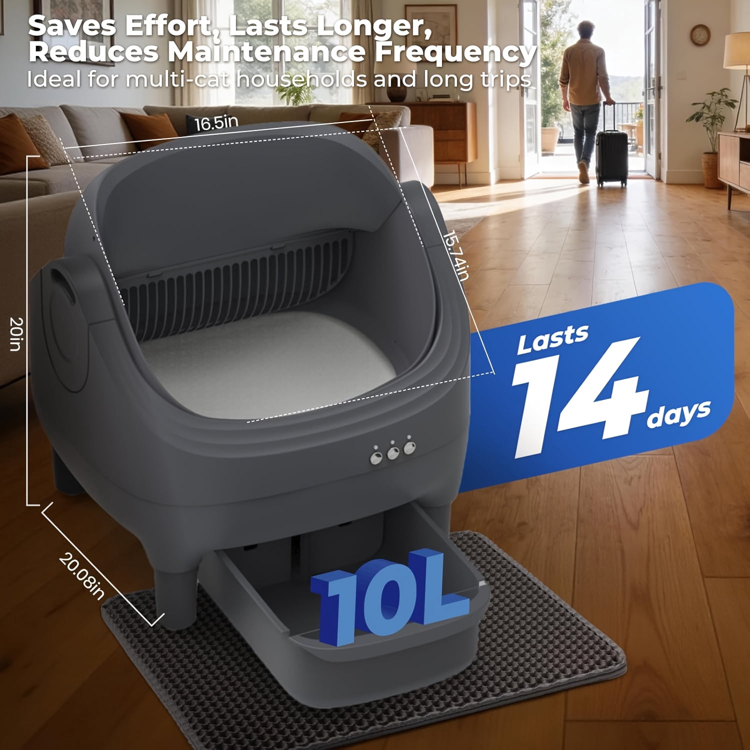 Self Cleaning Litter Box, Automatic Cat Litter Box-APP Control, Open-Design Electric Litter Box, Safety Anti-Pinch, Odor-Free Waste Disposal Includes Trash Bags, Suitable for Multiple Cats, Grey