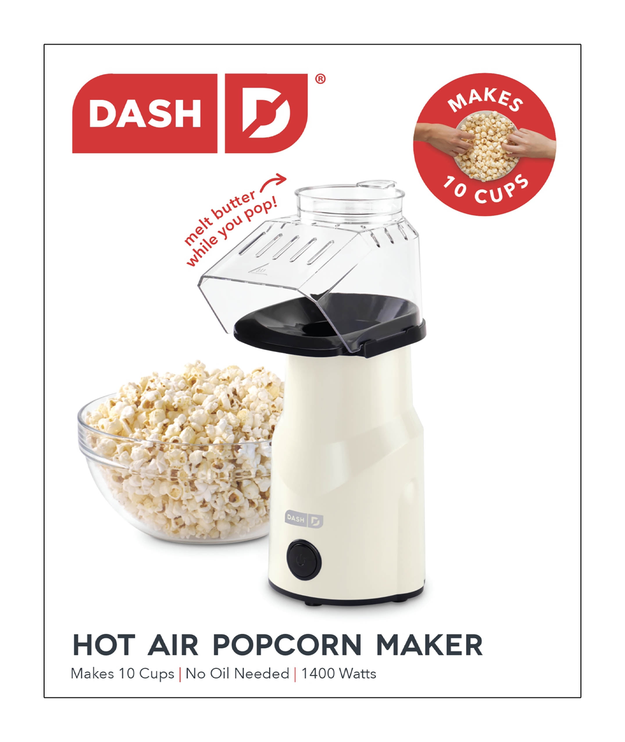 Dash 2.5qt Hot Air Fresh Popcorn Popper with Butter Melting Tray, Compact, 10 Cups, Cream