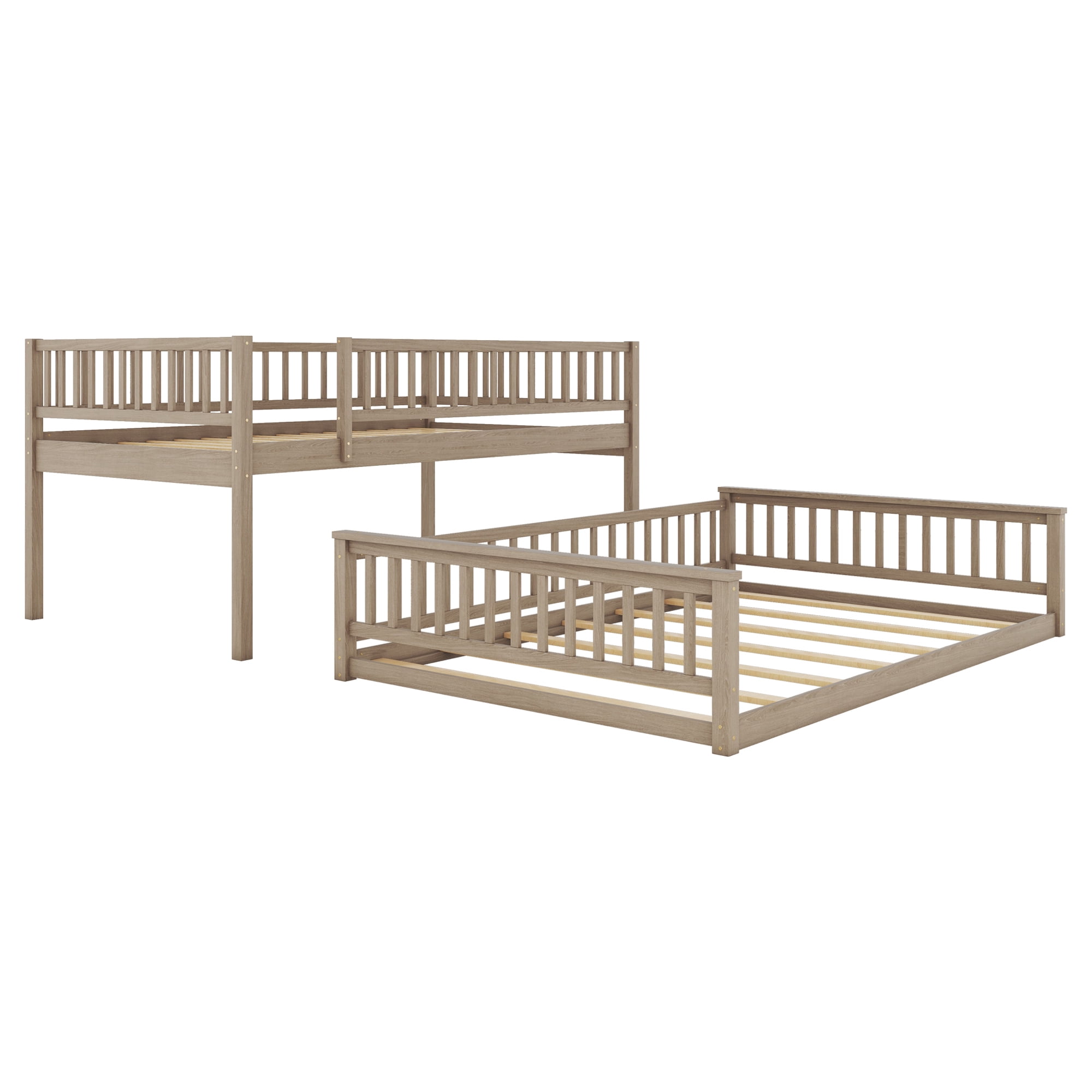 Full XL Over Queen Bunk Bed for Kids Adults, Queen Size Floor Bunk Beds with Inclined Ladder, Solid Wood Low Bunk Bed,Detachable Bunk Beds for Teens,Girls,Boys