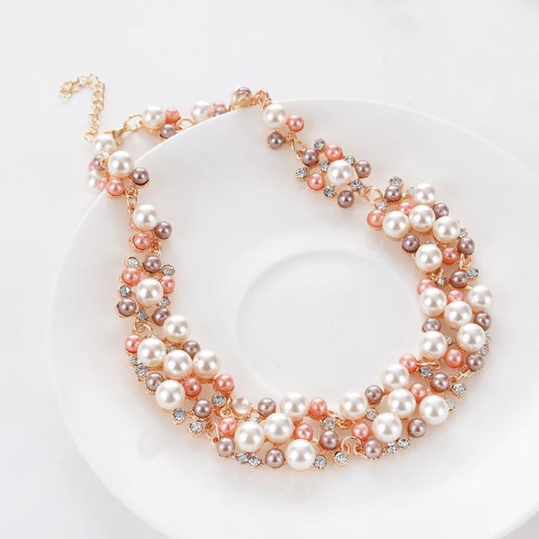 EVILD Chunky Gold Pearl Necklace & Jewelry Set For Women - Rhinestone Bracelet & Earrings Set, Prom/Wedding/Bride Jewelry