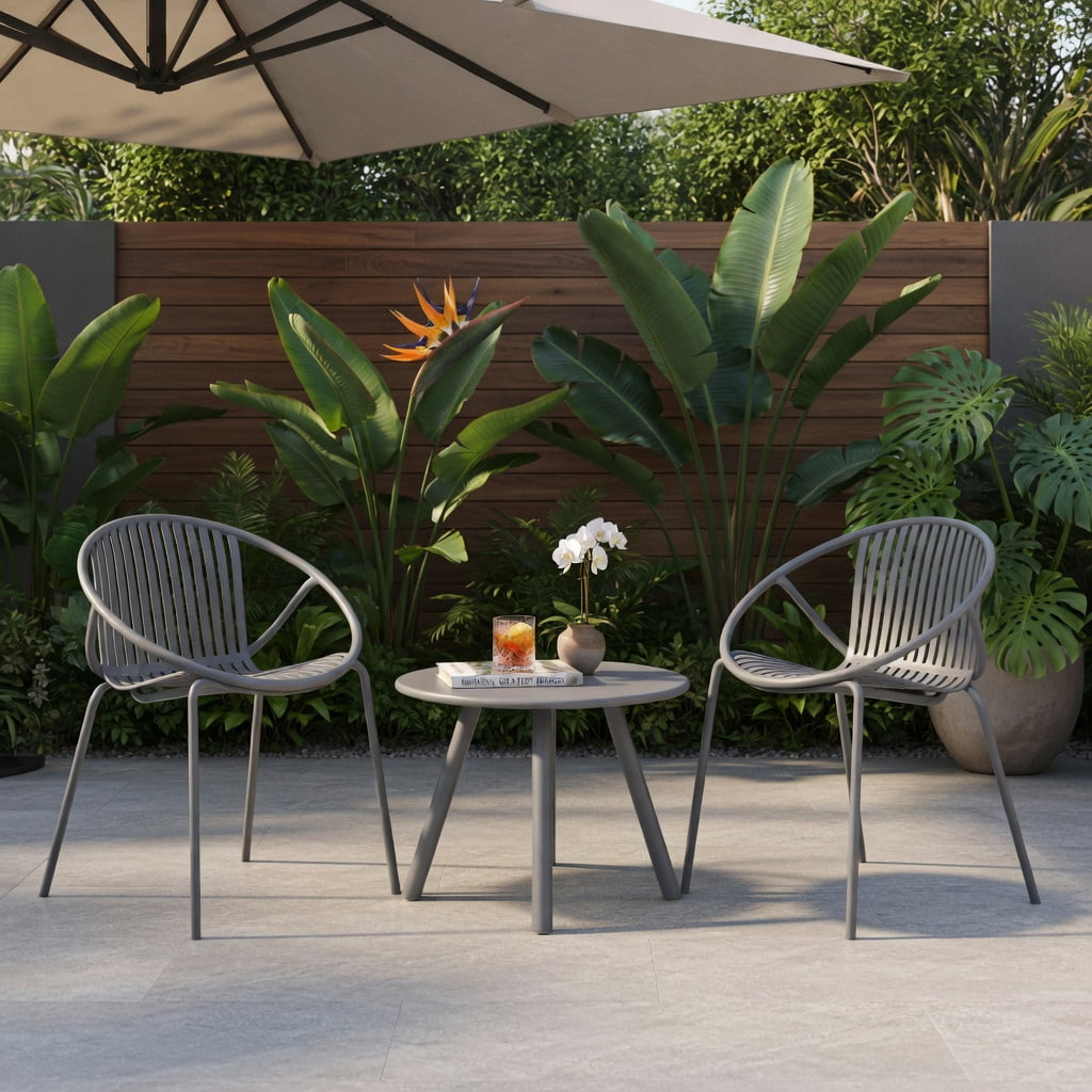 Hommoo All-Weather Outdoor Patio Conversation Set, 2 Ergonomic PP Chairs + Round Coffee Table, Heavy-Duty Metal Frame, Waterproof & UV-Resistant for Backyard, Poolside, Living Room, Gray