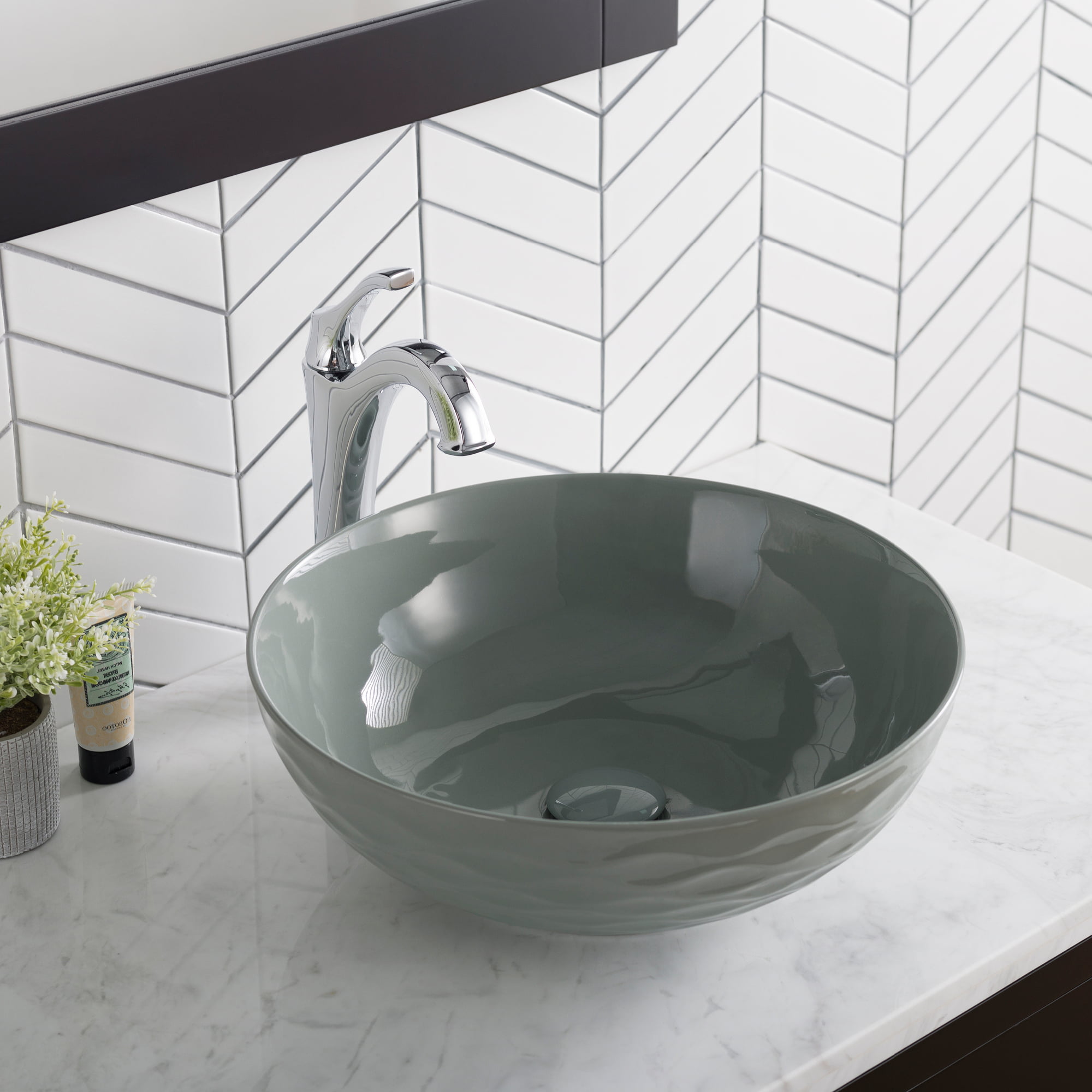 KRAUS Viva Round White Porcelain Ceramic Vessel Bathroom Sink, 16 