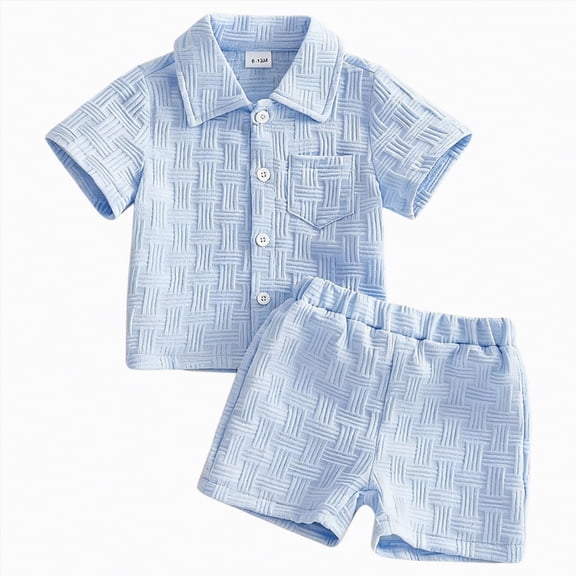 UngA Toddler Baby Boy Clothes Summer Texture Button Down Outfits Polo Shirt Shorts Set 2Pcs Infant Boys Clothing Sets (Blue,18-24 Months)