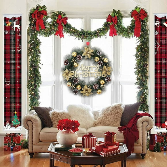 Corona de Navidad verde | Decoraciones de oro y conos de pinaster | Plástico tejido a mano 12in | Aspecto natural único | Decoración navideña colgante ligera para el hogar del hotel