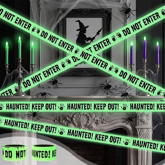 Halloween Decorative Barrier Tape,Glow In Dark Ghost Warning Strip with Flexible Cuttable Texture,Long Halloween Prop for Yard Escape Room Classroom Party Scene Layout(Green)