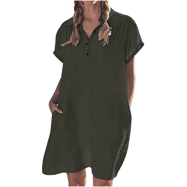 Robes d'Été Décontractées en Lin pour Femmes Manches Courtes Col à Revers Boutons T-Shirts Courts Robe Tendance Col en V Poches Robe Droite