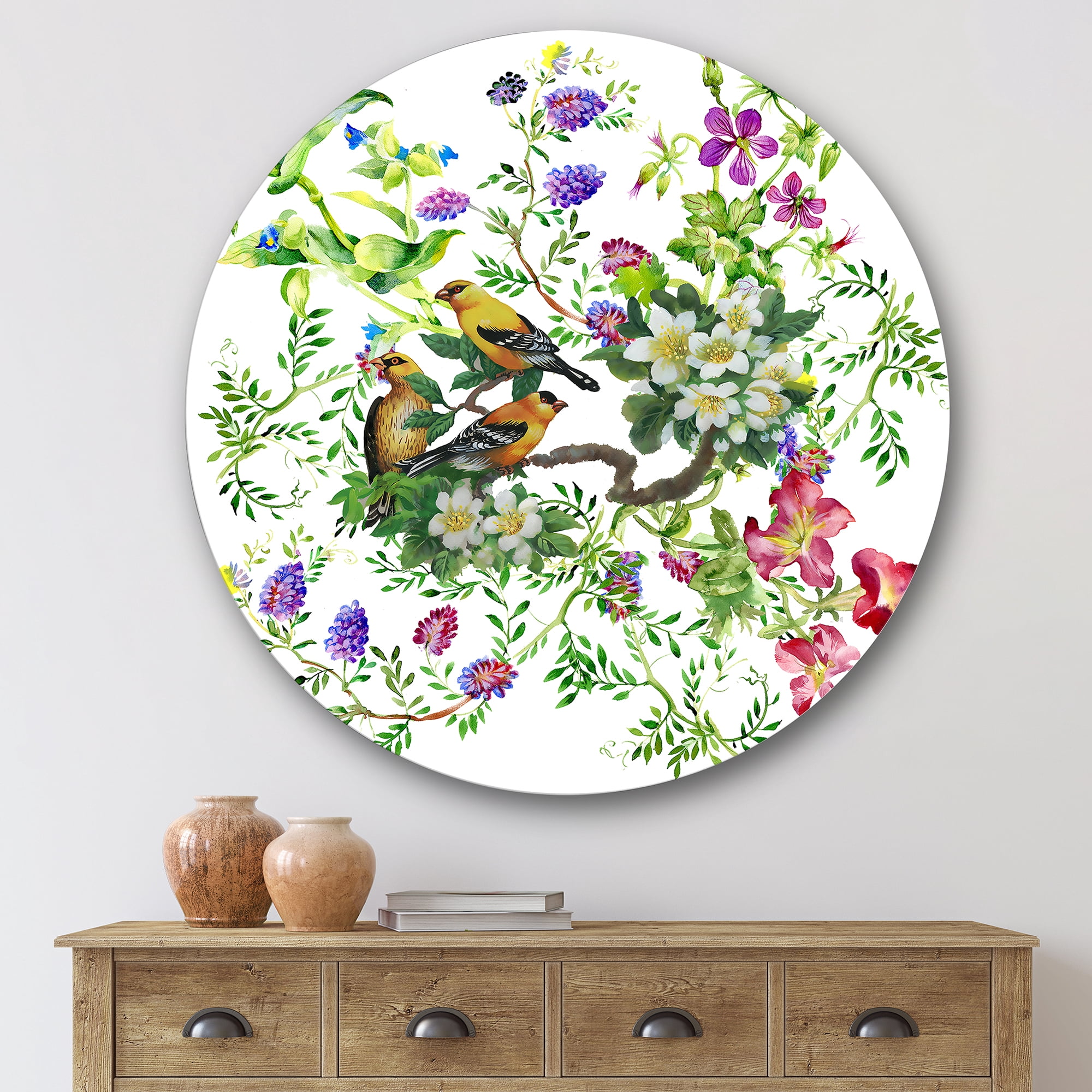 Designart 'Tropical Birds Sitting On Blooming Tree' Traditional Circle Metal Wall Art 29x29 - Disc of 29
