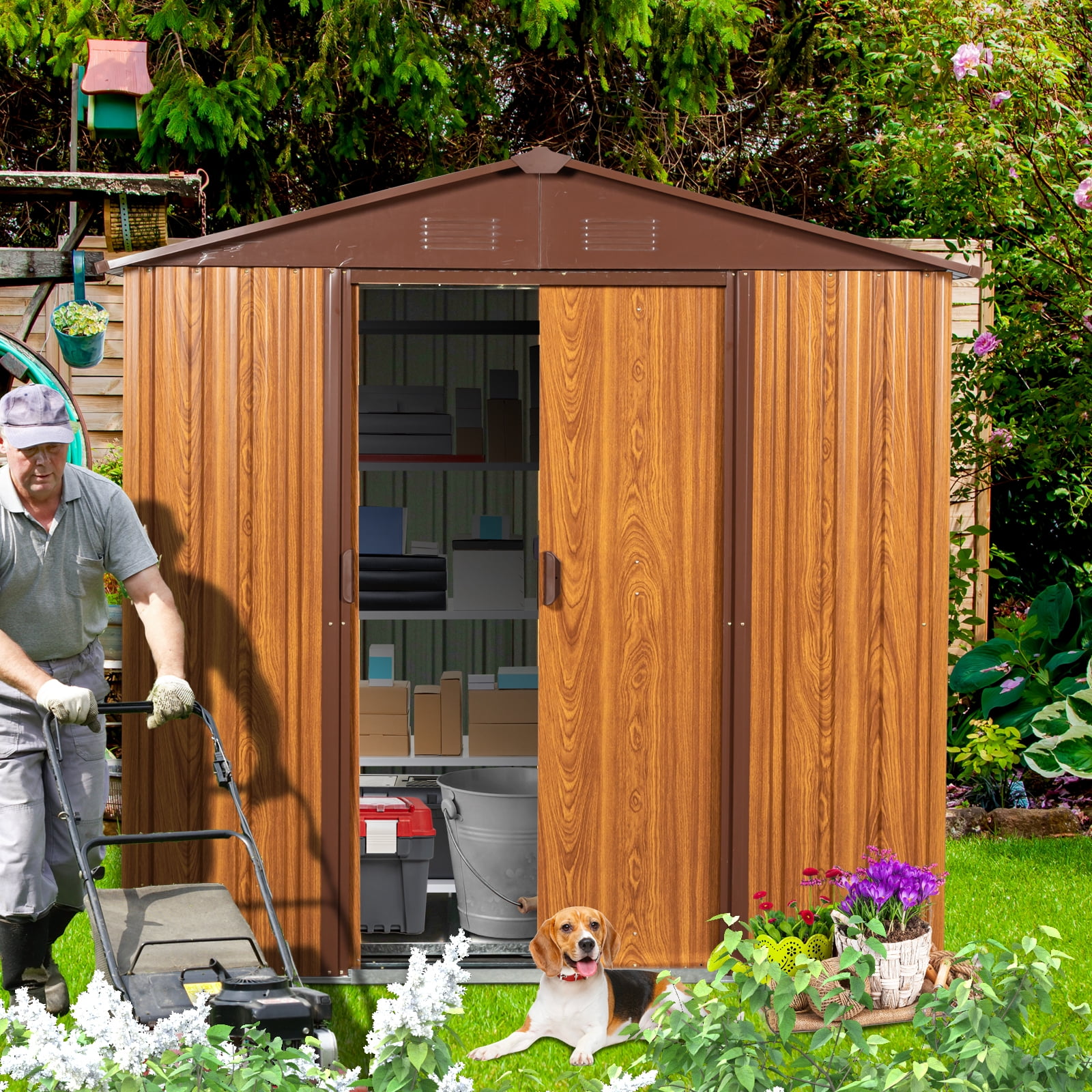 CarButler 6x6ft Metal Outdoor Storage Shed with Lockable Sliding Doors for Garden Backyard Patio Lawn coffee