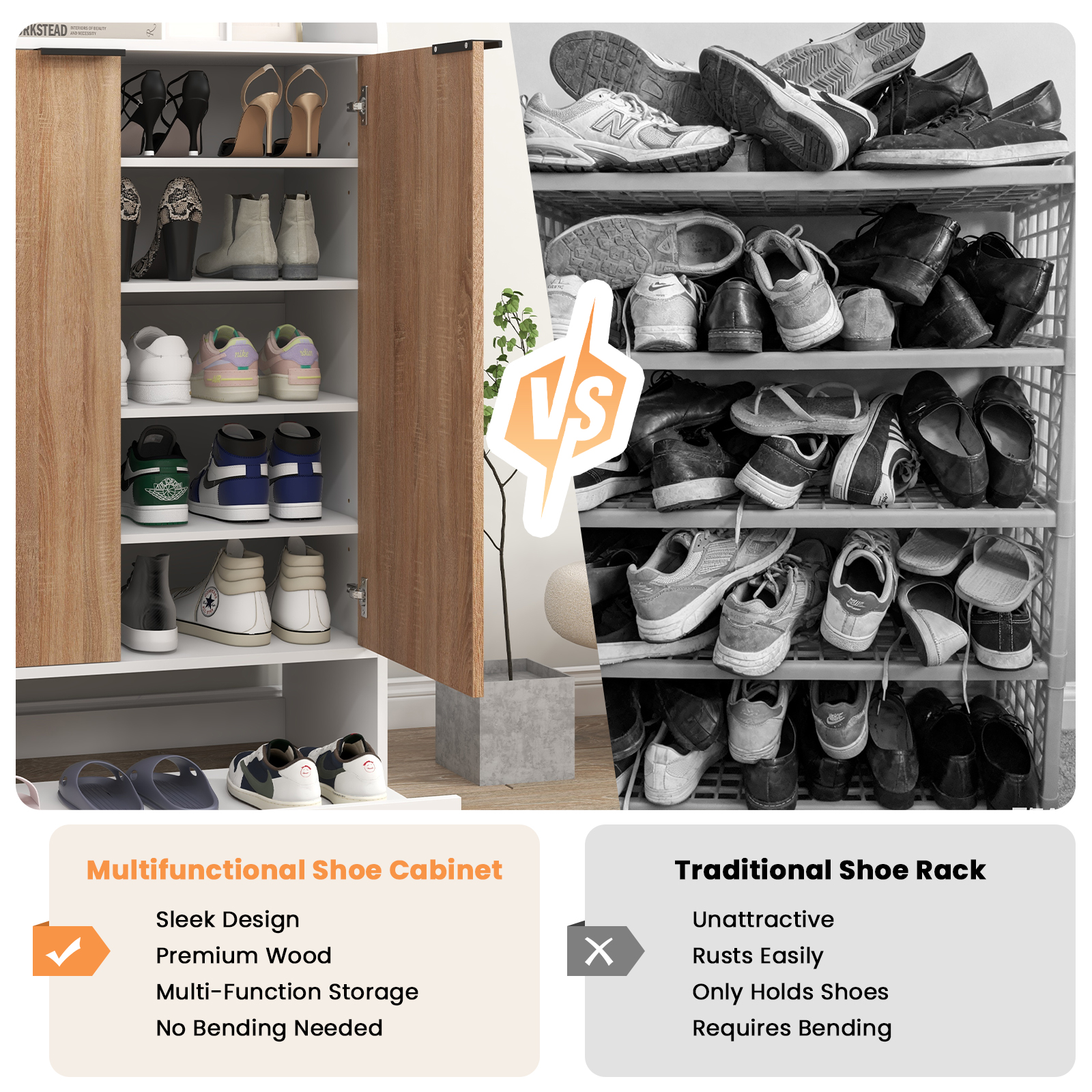JOIVI Shoe Cabinet Storage for Entryway, 2-Door 5-Tiers Wood Shoe Rack Organizer w/ Adjustable Shelves, Slide-out Design, for Living room, Front door, Light Wood