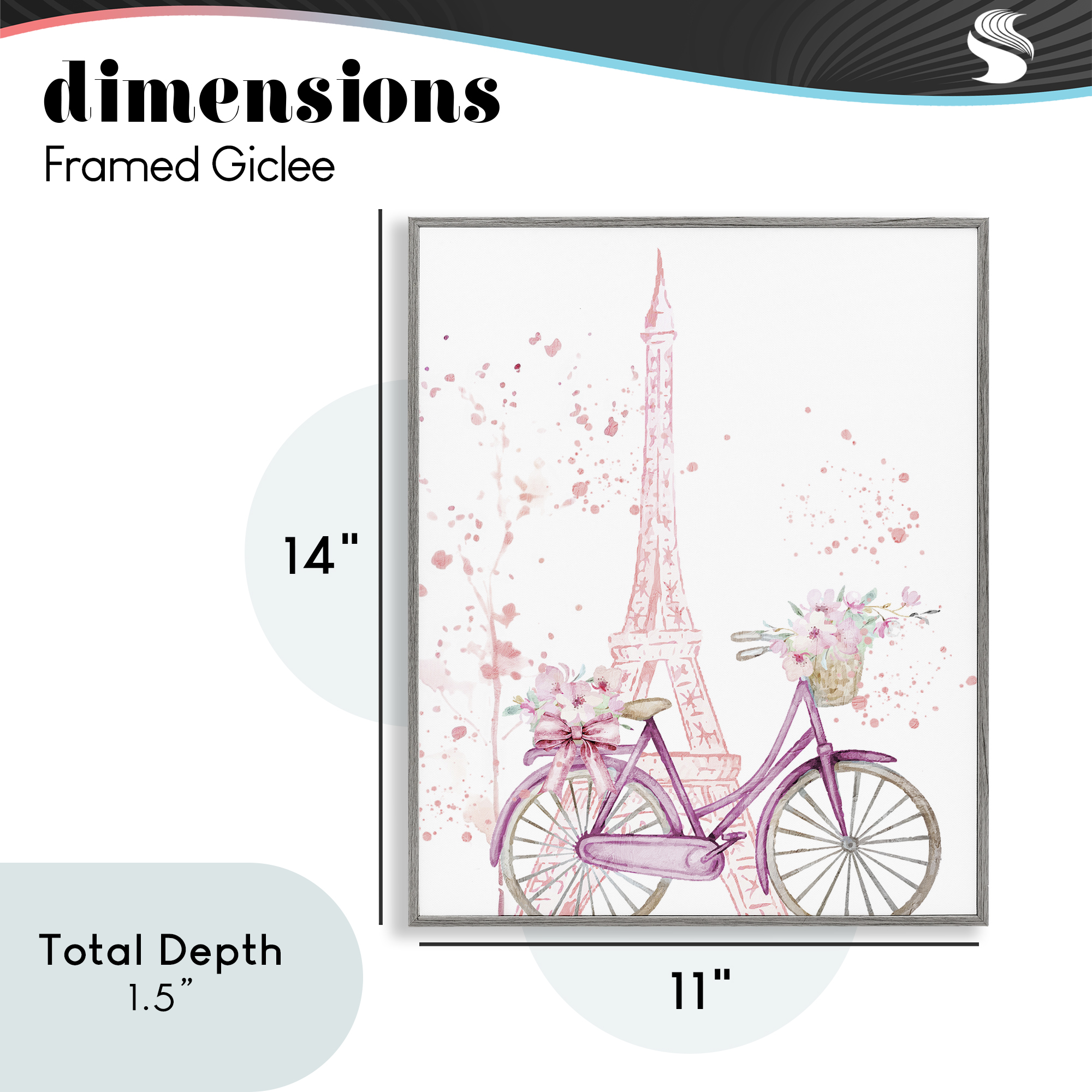 Parisian Bicycle & Modern Splatter Gray Framed Giclee Art, design by Kim Allen
