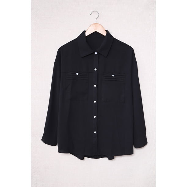 ABPHQTO Camisa abotonada de manga larga con bolsillo liso negro para mujer