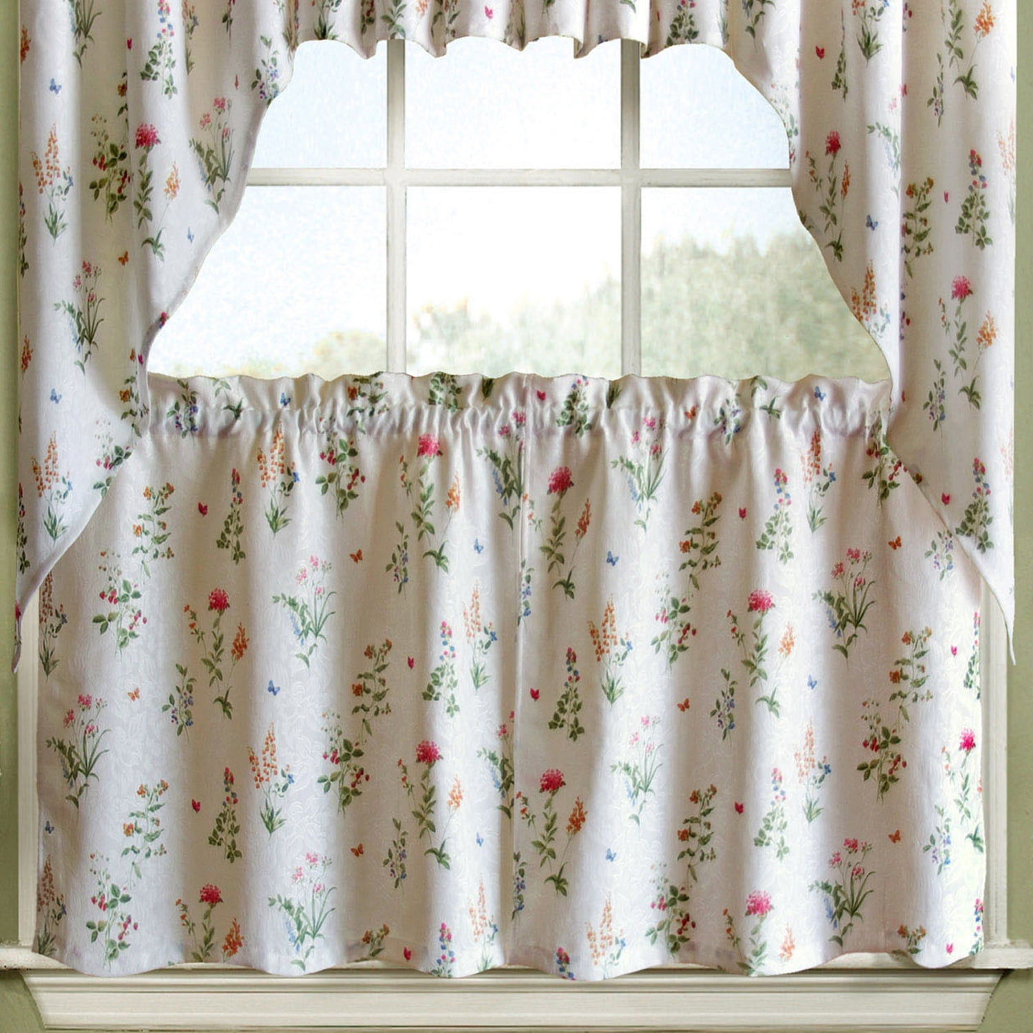 English Garden Floral White Jacquard Kitchen Curtains 24 X 55 Tier