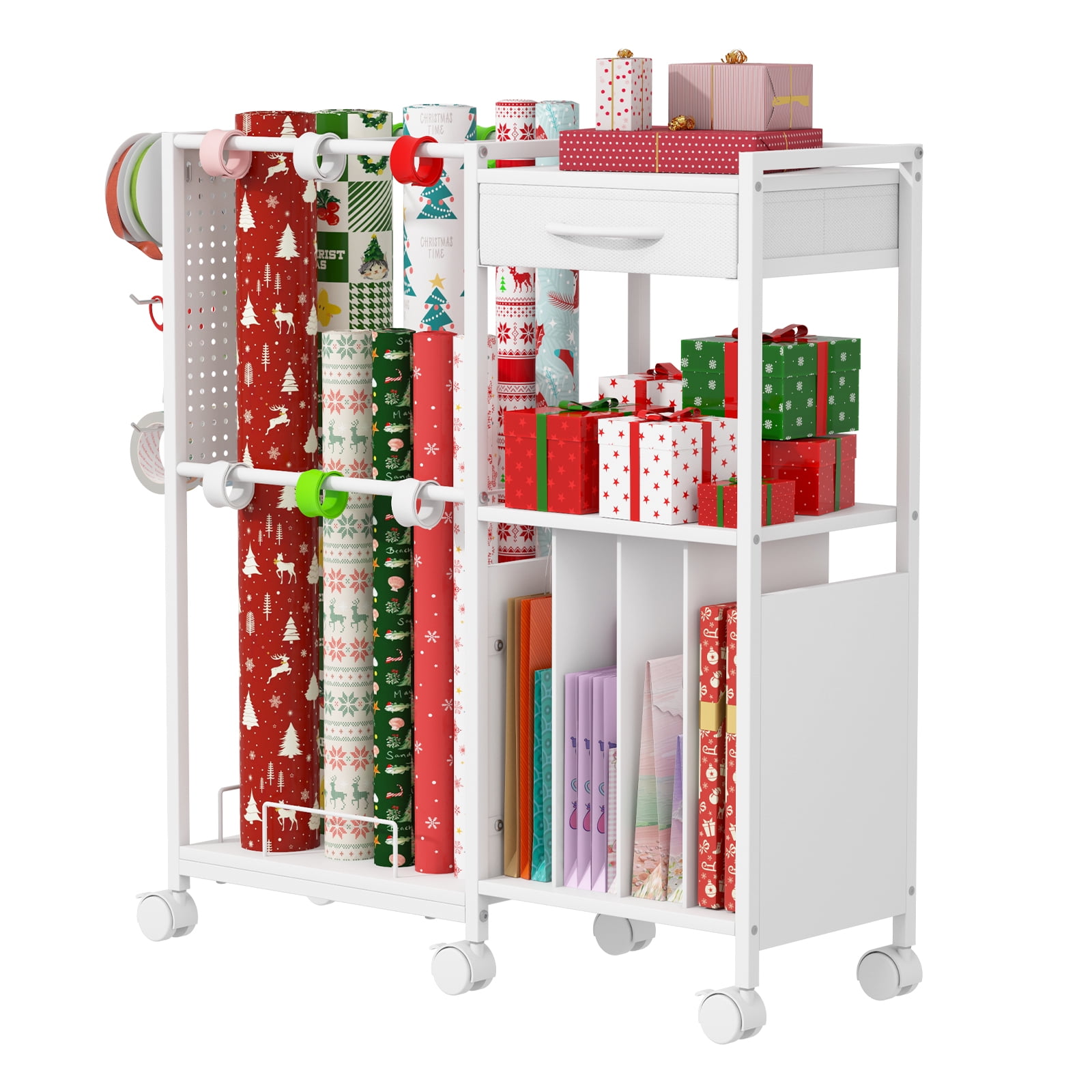 Advwin Gift Wrapping Paper Storage Cart with Drawer, Rolling Gift Wrap Station with Ribbon & Gift Bage Storage, Multi-purpose Craft Organizer Rack for Home, Office, School or Gift Shop, White