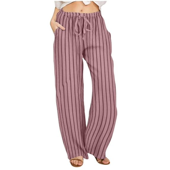 USNSM Striped Pants for Women Drawstring Wide Leg Trousers Comfy Lounge Pants Trendy Beach Pants Loose Casual Pants with Pocket Pink S