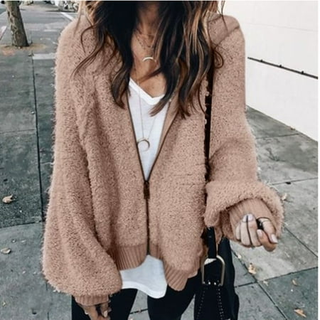 Fur Collar Bomber - New Women Mohair Bomber Jacket Wild Loose Faux Wool Fur Hooded Jacket Coat Plus Size