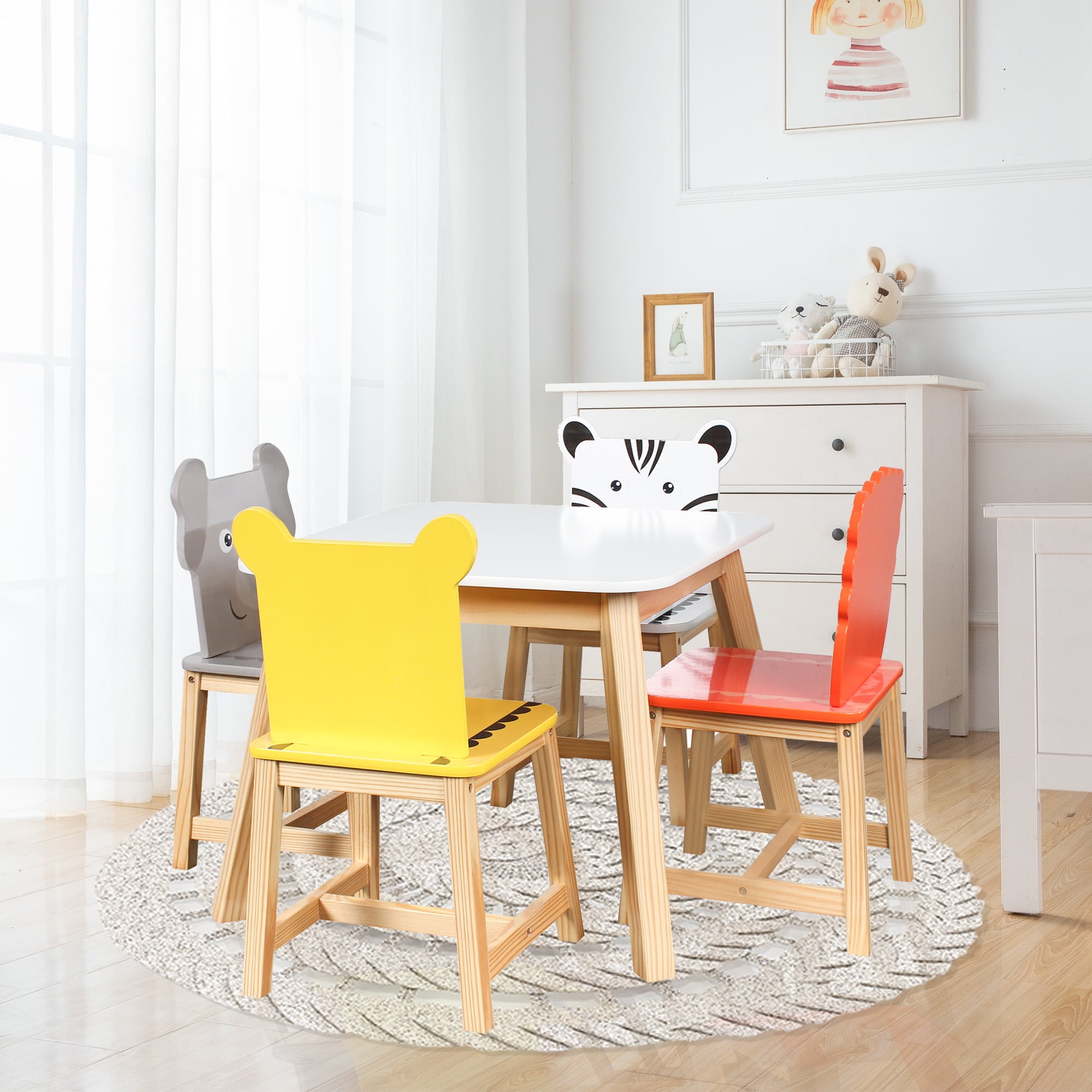 5 Piece Kiddy Table and Chair Set , Kids Wood Table with 4 Chairs Set