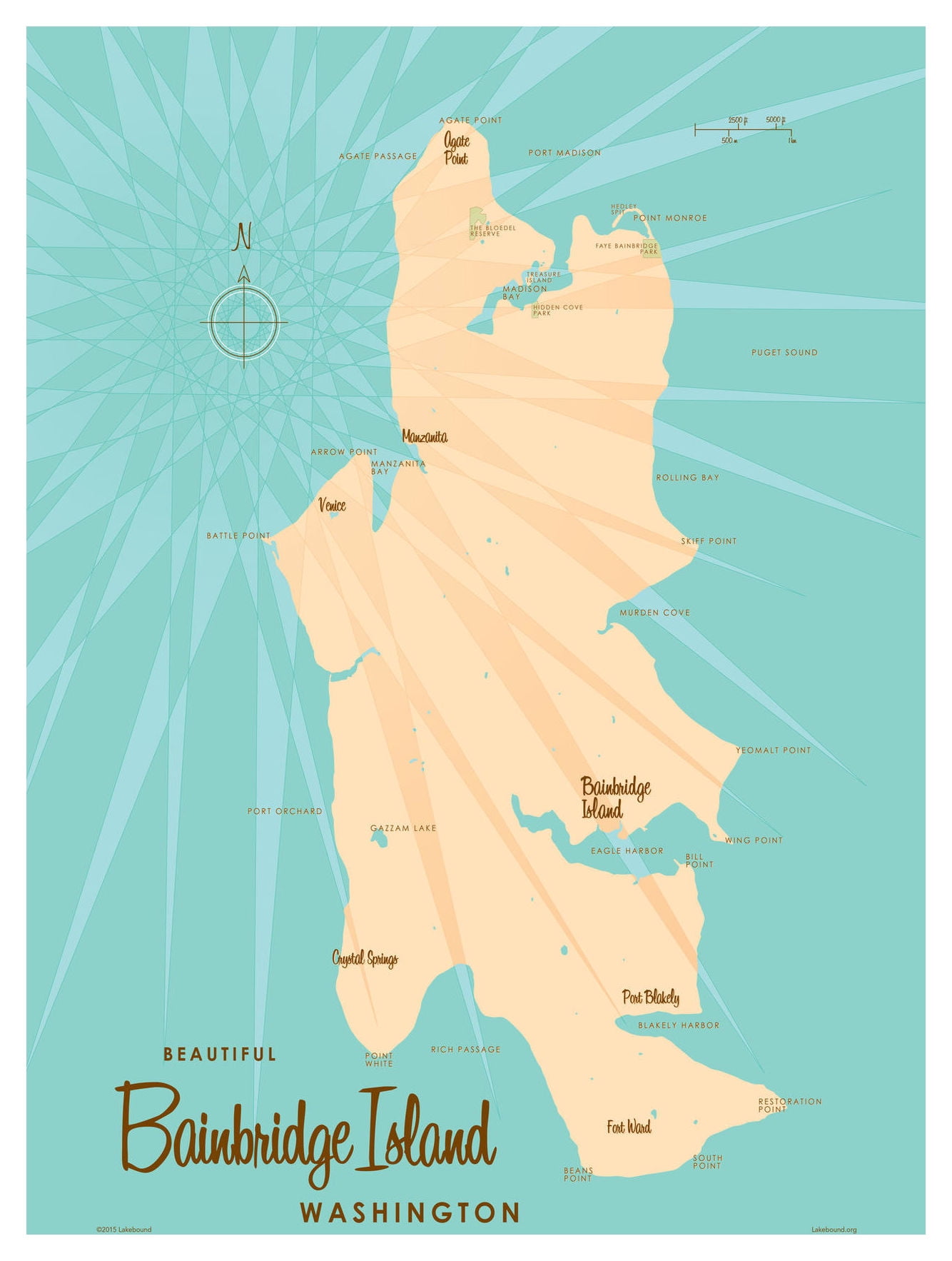 Bainbridge Island Washington Map Vintage-Style Art Print by Lakebound