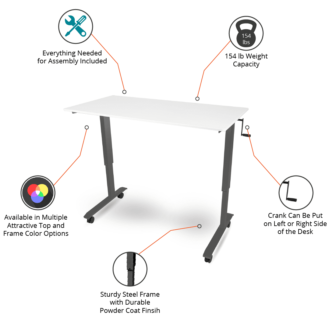 Stand Up Desk Store Crank Adjustable Height Rolling Standing Desk (Charcoal Frame/Gloss White Top, 60" Wide)