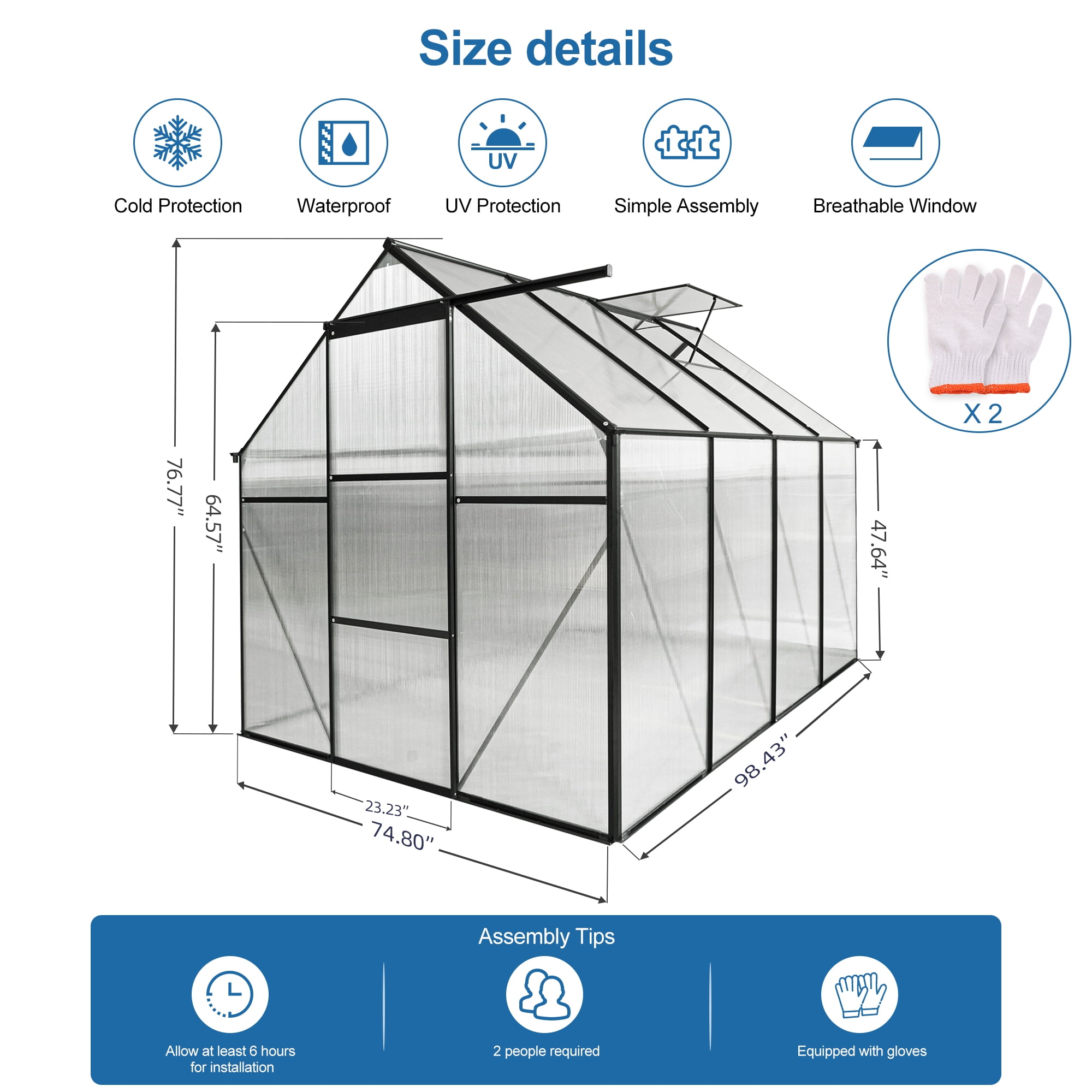 Witaxima 6x8 FT Polycarbonate Greenhouse with Raised Base, Aluminum Heavy Duty Walk-in Greenhouse for Outdoor Backyard, All-Season Use, Black