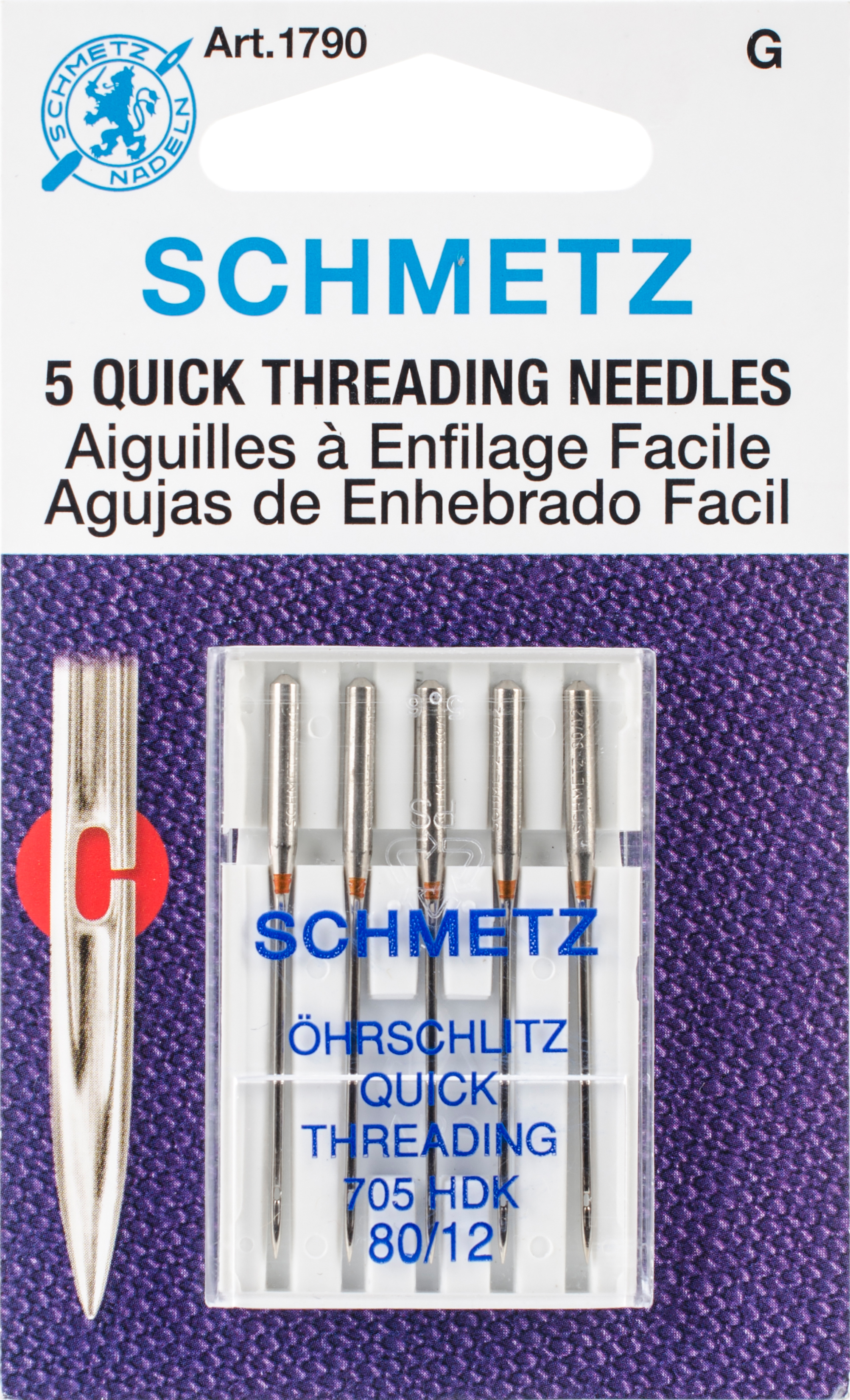 Euro-Notions Quick Self Threading Machine Needles, Size 12/80 - 5 pack