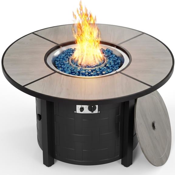TLGREEN 42" Propane Fire Pit Table with Lid, 50,000 BTU Auto-Ignition Circular Gas Fire Pit for Outdoor, Includes Waterproof Cover & Blue Fire Glass (Gray)